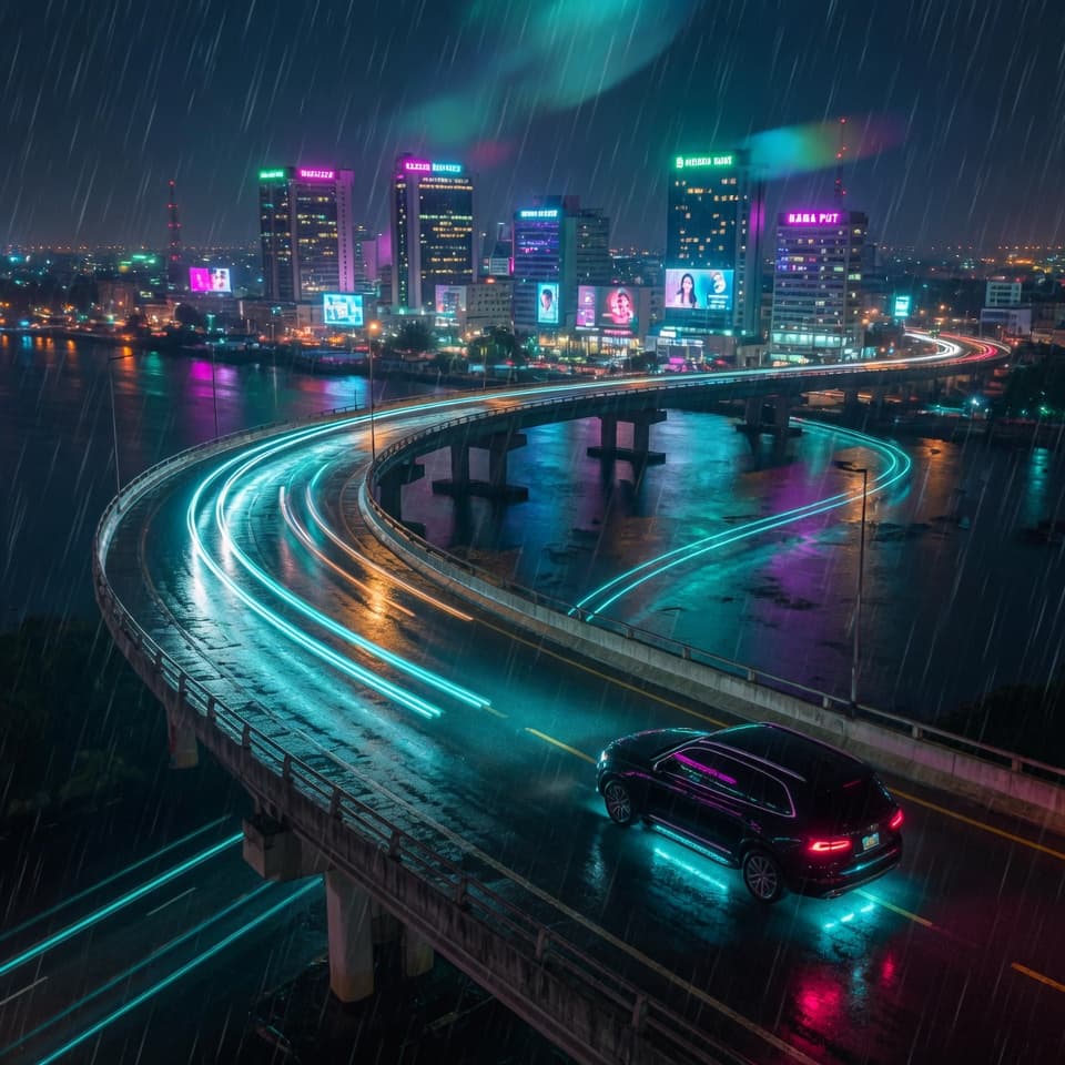 Lagos at night with neon car light trails